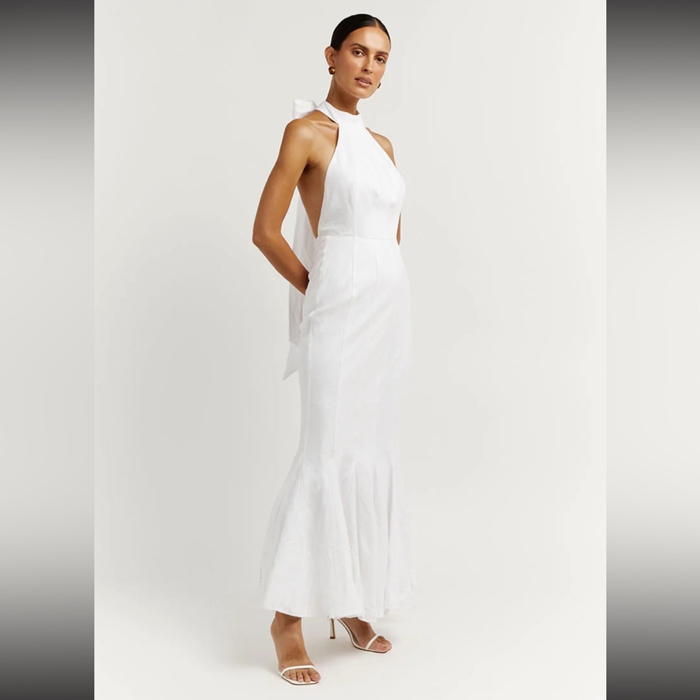 AISLE WHITE LINEN HIGH NECK DRESS